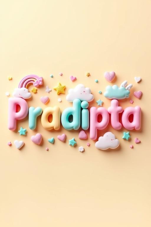 The name Pradipta is illustrated in colorful 3D bubble letters. Surrounding are cute pastel decorations like hearts, stars, clouds, rainbows, and small candy shapes. The background is beige with playful and joyful design in kawaii style. Soft lighting enhances the overall effect.