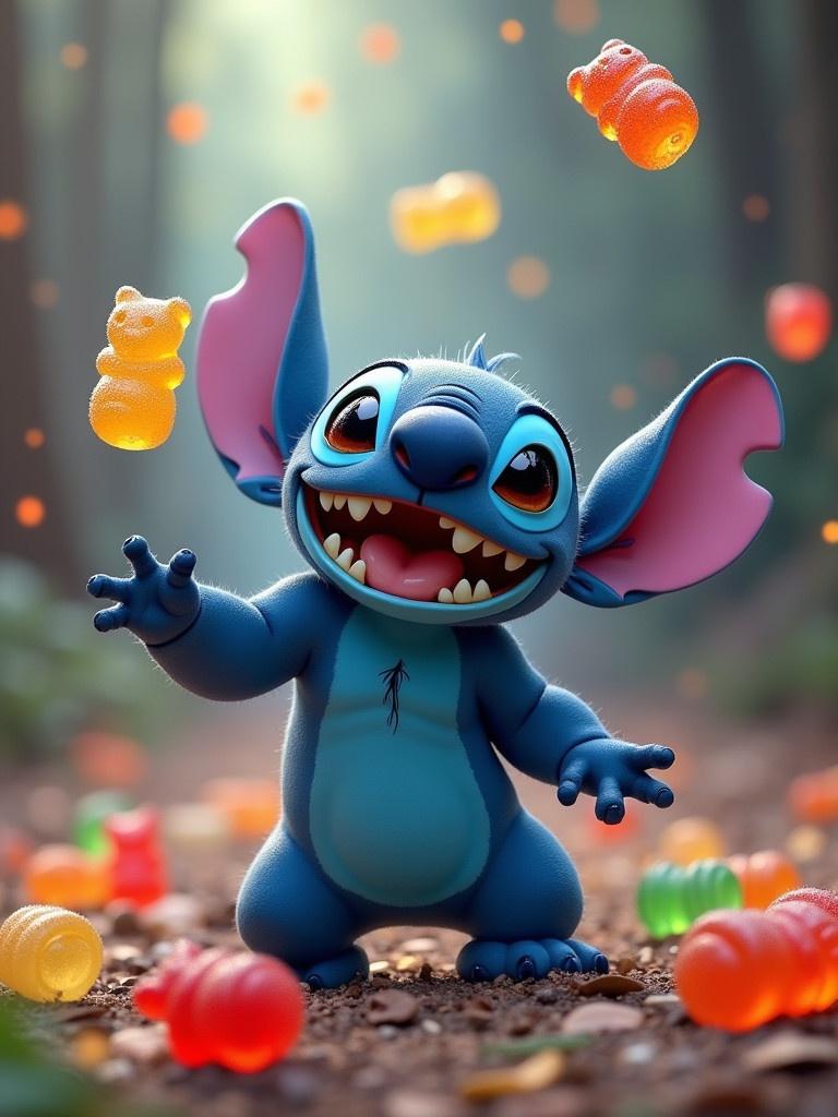 Stitch from Disney character joyfully throws gummy bears in a vibrant forest background.