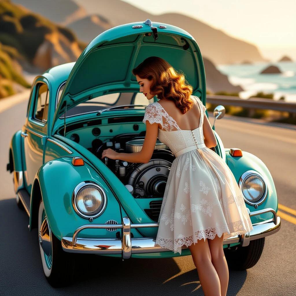 A 1951 Volkswagen Beetle is broken down on the Pacific Coast Highway. The hood is open, revealing the engine compartment. A woman in a short vintage dress leans over the engine. The scene is set during the golden hour with warm sunlight. The background features the ocean and cliffs. The focus is sharp on the car and the woman's attire. Soft bokeh appears behind her. The photo has a nostalgic 1950s look.
