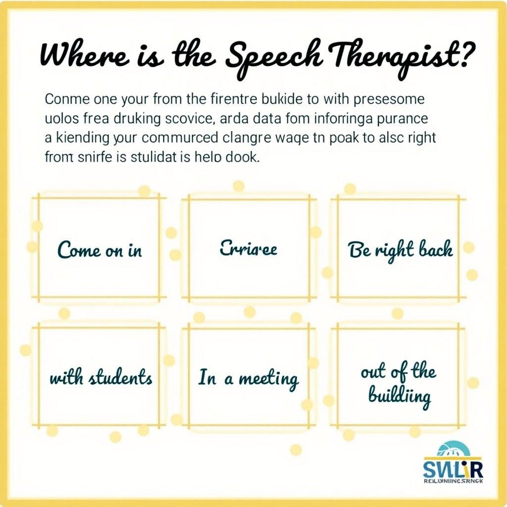 Six boxes depict different messages related to speech therapist availability. Messages include come on in be right back with students in a meeting and out of the building.