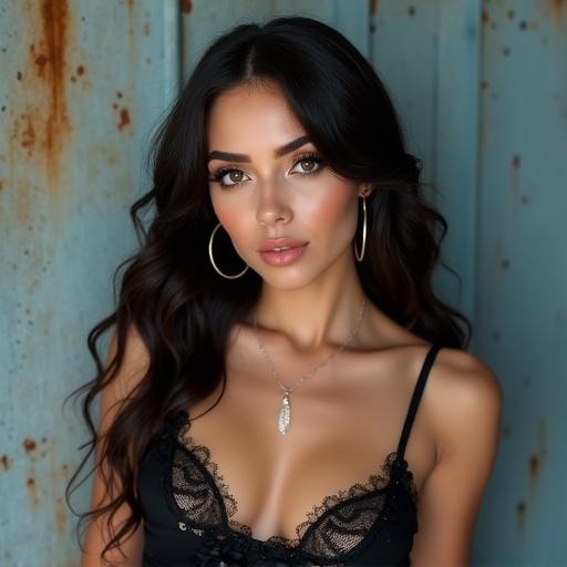 Person has long dark hair in loose waves. Wearing black lace top. Eyes have defined eyeliner. Full lips with gloss. Accessorized with hoop earrings and necklace. Background is rustic blue-gray wall with rust. Soft lighting highlights face contours. Confident pose looking directly at the camera.