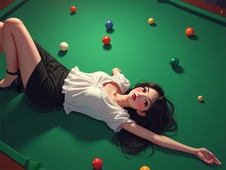 Full-body image of an East Asian woman lying on a green pool table. Realistic-kawaii anime style. She has a flawless complexion and wears a white chiffon blouse and a black pencil skirt. Long legs in sheer black pantyhose and black ankle-strap heels. Hair bunned, framing her beautiful face with delicate makeup. Calm expression. Colorful billiard balls scattered around.