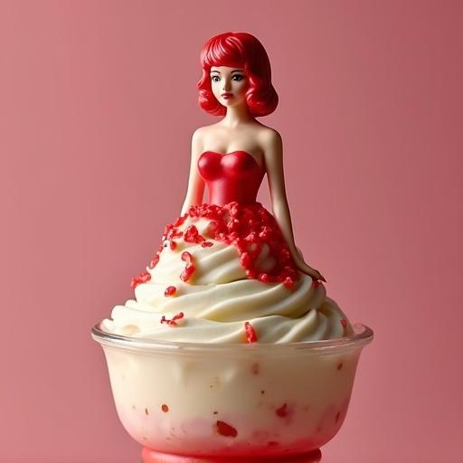 Small female figure in red atop a sundae. Dairy Queen ad inspired design. Bright colors with a playful presentation.