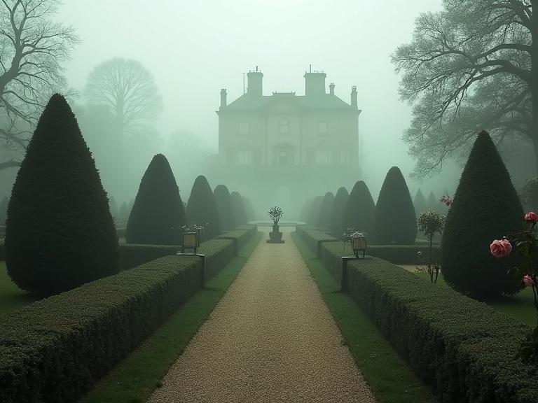 Misty English country estate garden at dawn in 1925. Dew-laden roses and ancient yews line winding gravel paths. Ornate sundial and seven antique clocks scattered among the hedges. Sprawling neo-Georgian manor peeks through morning fog. Tall windows reflect pale light. Whispers of a secret society linger in the atmosphere.