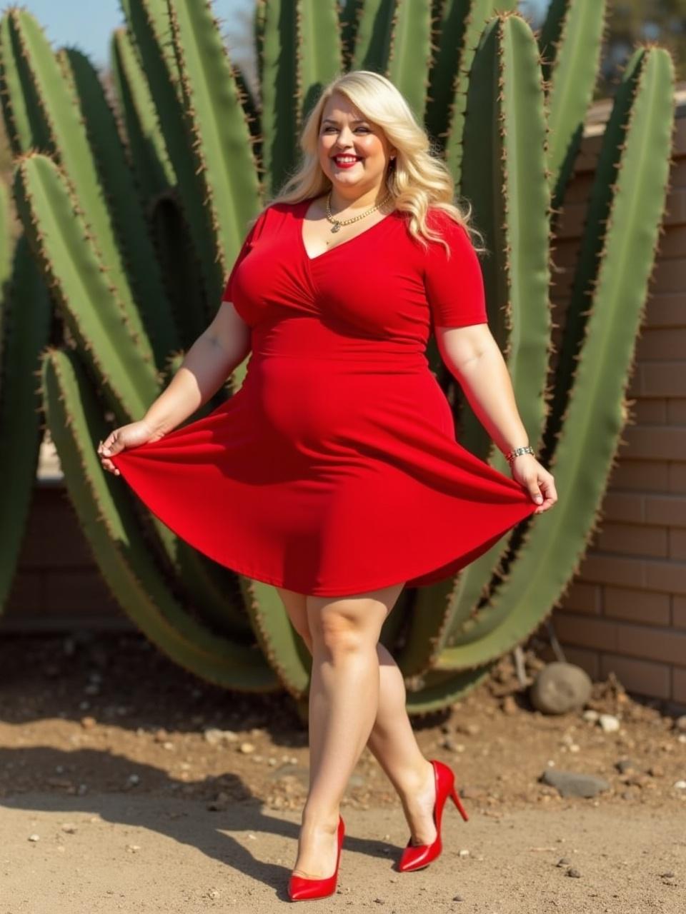 The image captures a woman in a vibrant red dress standing confidently in front of tall cactus plants. She is smiling warmly, with one hand holding the hem of her dress, emphasizing its flow and color. Her vibrant attire and striking red heels contrast beautifully with the natural desert background, creating a lively and dynamic scene.