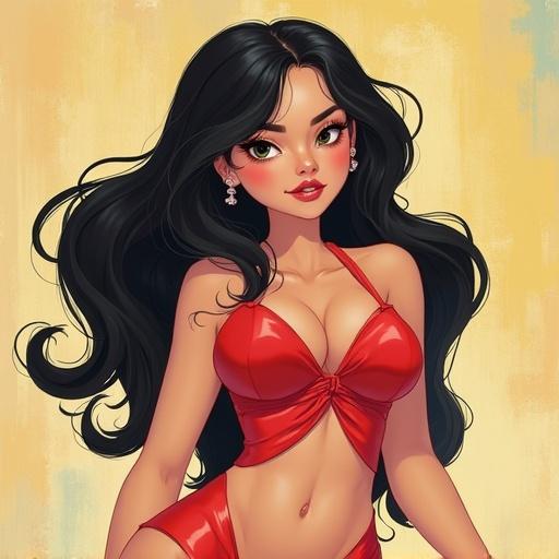A girl with long black hair wearing a red bikini top and red bottoms stands confidently. She has big expressive eyes and wears statement earrings. The background features soft warm colors.