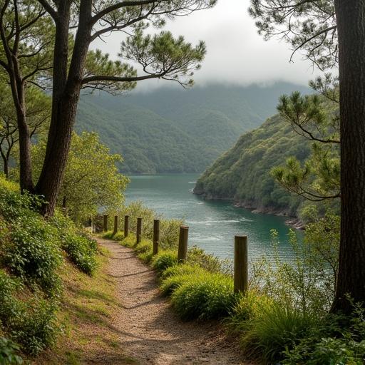 Pathway along a tranquil lake surrounded by mountains. Lush greenery on either side with wooden posts lining the trail. Soft natural light creates a peaceful ambiance. Calm water reflects the surrounding forest and mountains.