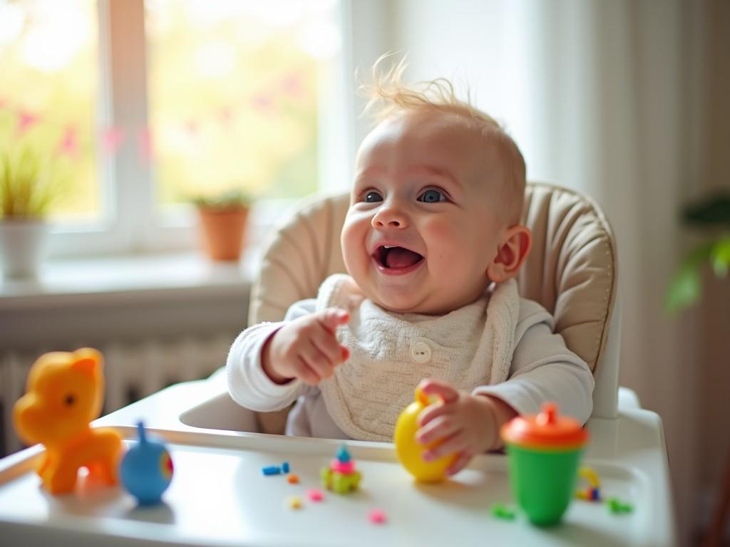 A baby sitting in a high chair, joyfully playing with colorful toys. The scene is well-lit with natural sunlight streaming through a nearby window, creating a soft and warm ambiance. The baby's joyful expression adds an element of happiness and innocence to the composition.