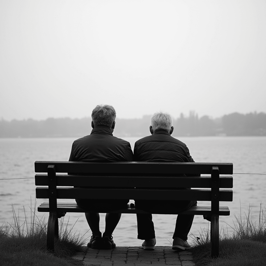 Two people sit on a park bench, gazing over a calm lake in a serene monochrome setting.