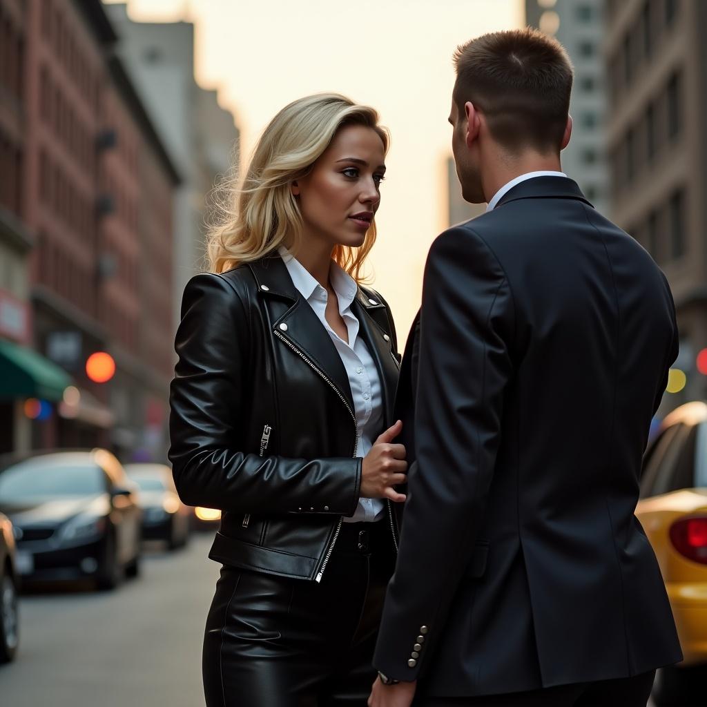 This image shows a stylish scene set during the golden hour in a bustling urban environment. A blonde young woman in a sleek leather jacket and leather skirt has a serious expression as she engages with a man in a dark suit. They appear to be in a tense conversation, possibly hinting at a dramatic moment. The backdrop features blurred city lights and parked cars, enhancing the metropolitan vibe. The overall mood suggests both style and intensity, with strong fashion elements present.