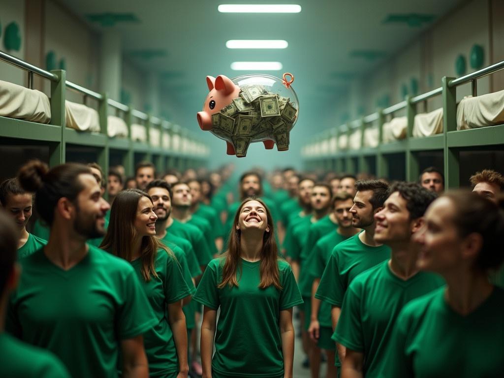 The scene depicts a large group of people wearing matching green outfits, standing in an expansive room with multiple bunk beds lined up. In the center, a large transparent piggy bank filled with cash hovers above the crowd, capturing everyone's attention. The individuals below appear excited and hopeful as they look up at the money, which symbolizes their desires and ambitions. The overall atmosphere is one of anticipation, with a sense of camaraderie among the competitors. The lighting is low but focused on the piggy bank, creating a dramatic effect.