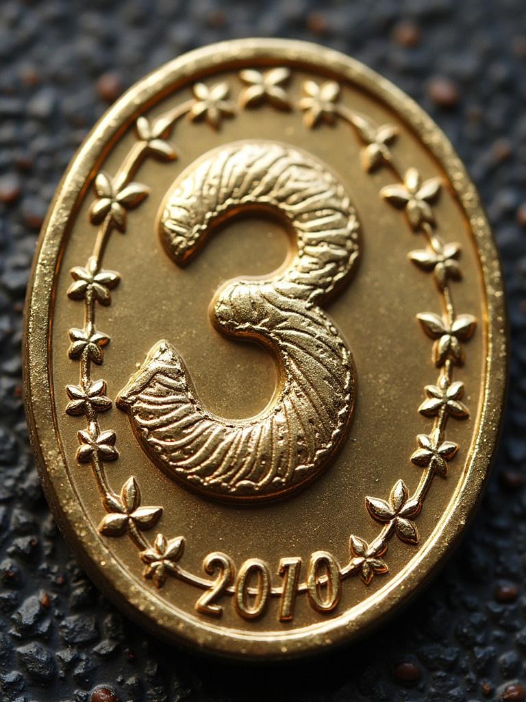 Golden medal shaped coin with the number 3 and the year 2010. The design is embossed with a decorative border. Suitable for sports memorabilia and digital currency visual representation.