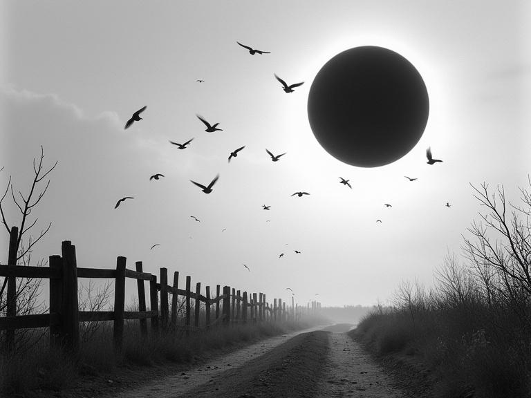 Black and white landscape scene with an eclipse in the sky. Numerous birds flying in the atmosphere. Wooden fence in the foreground. Deserted rural landscape dominates the scene. Mystery and possibly foreboding atmosphere.