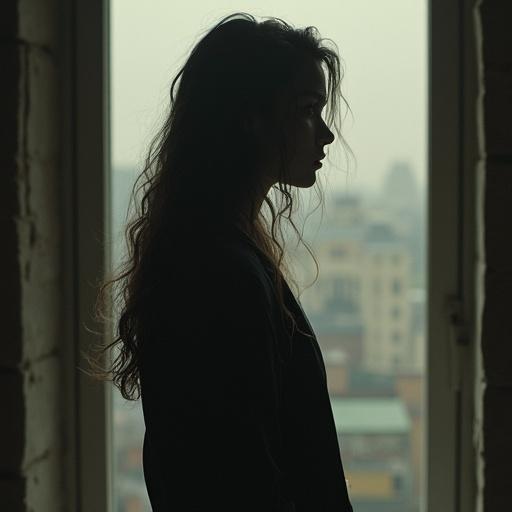 Woman silhouette in soft light. Long dark hair, soft features. Standing near a window with a blurred cityscape behind. Style blends elegance and mystery. Setting evokes reflection.