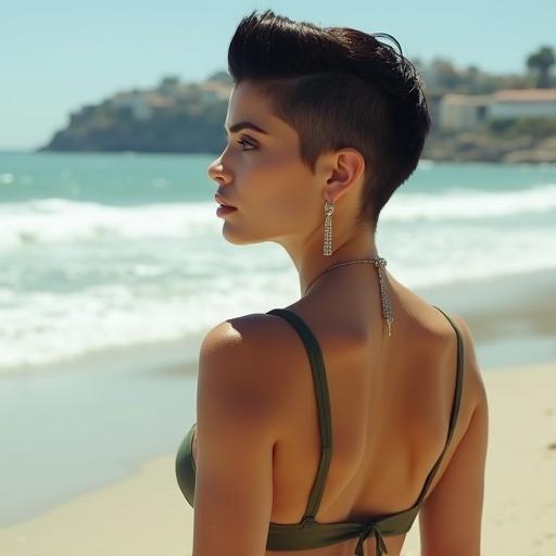 Photorealistic medium shot of a strong woman with very short dark hair in a sharp high and tight haircut. She has visible strong arms and muscles, captured in profile. Wearing an olive green bikini top with thin straps and dangling earrings. Set on a beach with choppy ocean waves and a blurred coastline. Bright sunlight. Contemplative lifestyle photography with a pensive mood.