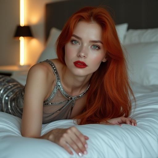 A woman with jade-colored eyes and bright red lips lies on a bed in a modern bedroom. Long red hair frames a pale face. She wears a form-fitting silver dress with geometric patterns. The bedroom features minimalist furniture with indirect LED lighting creating a soft glow.
