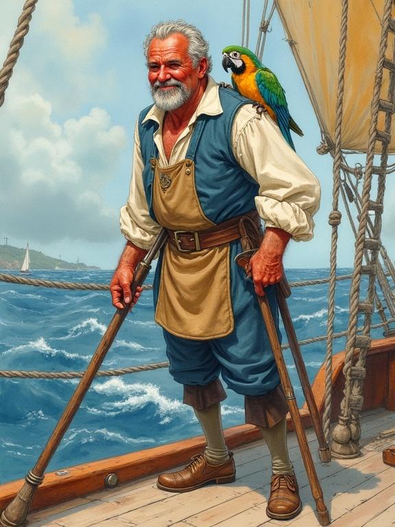 One-legged John Silver in cook's clothes with a parrot on the shoulder stands on a ship. He has a round face and a smile. Leans on a crutch. Wears simple shabby sailor clothes and an apron. Stormy winds create movement. Illustration inspired by Treasure Island.