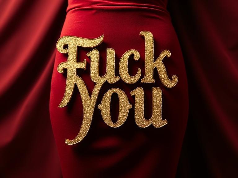 Gold ornate capital letters on a woman in a red dress. Statement typography art piece. Dramatic lighting enhances elegance.