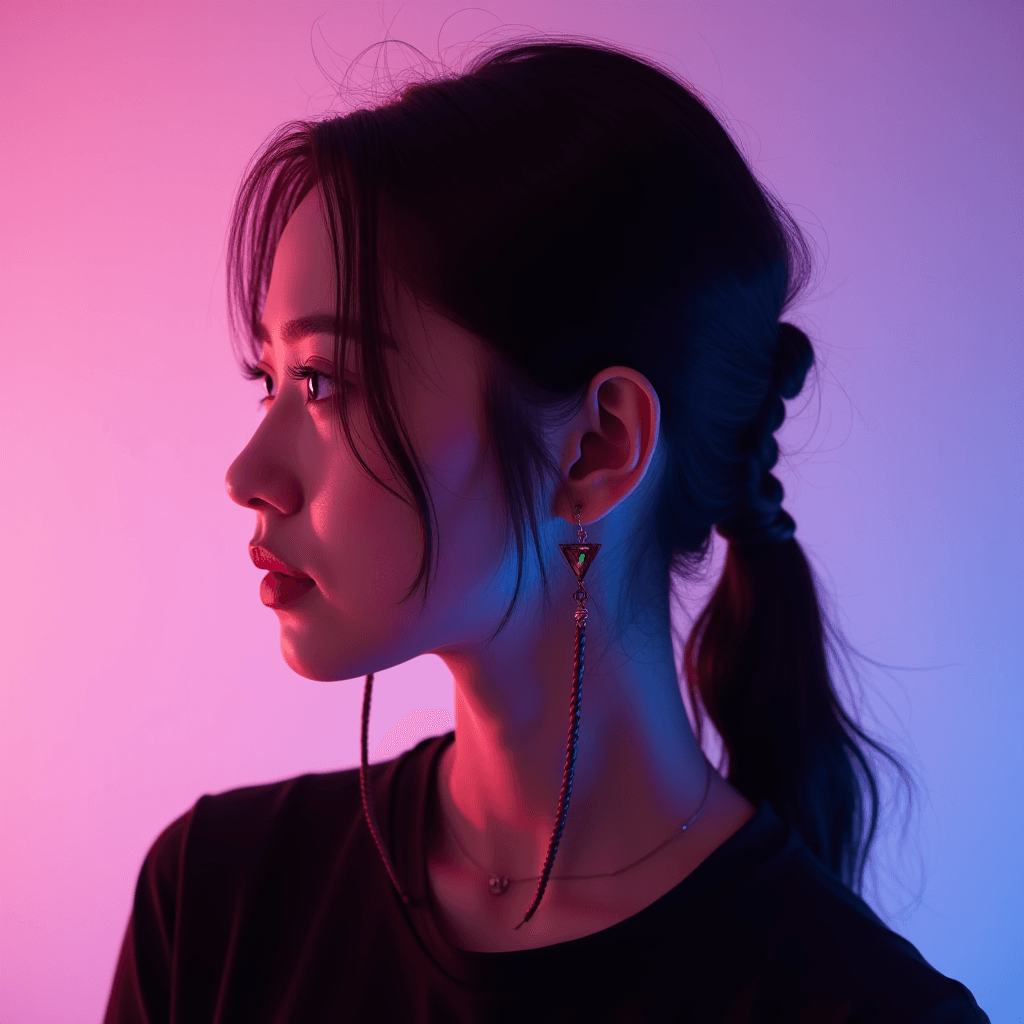 A woman's profile illuminated by vibrant pink and blue lighting.