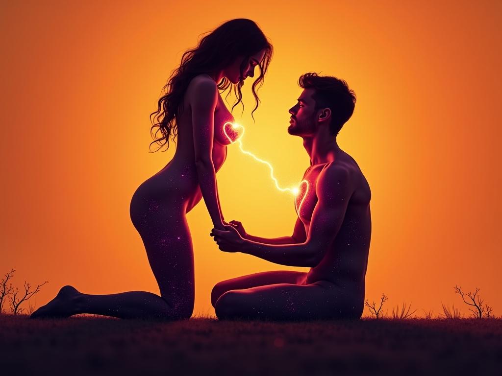 Cosmic-themed digital silhouette artwork featuring a young naked woman standing and a man sitting on the ground. They gently hold hands between legs. Their bodies display a deep purple starry sky. Glowing hearts are on their bare chests. A vivid orange energy thread connects their hearts, symbolizing emotional connection. The background is a smooth orange gradient. It evokes intimacy and emotional relationships.