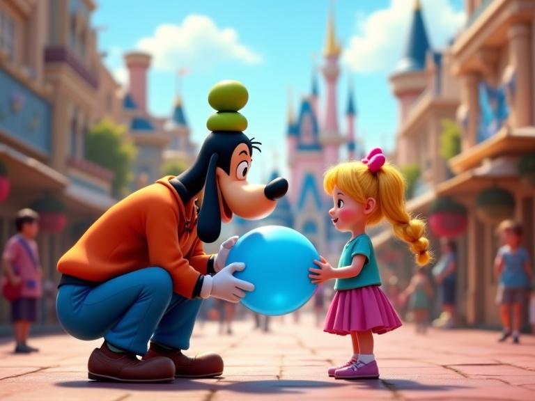 Animator in Goofy costume gives balloon to smiling girl in Disneyworld. Vibrant colors and busy park background.