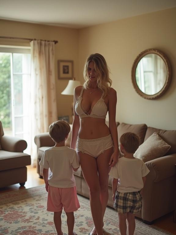 A mother in a living room with two boys. The mother has a large bust and is wearing scant clothing. The boys wear shorts and t-shirts. The living room features a couch and a round mirror. Natural light fills the room. The image has a soft, pixelated quality.