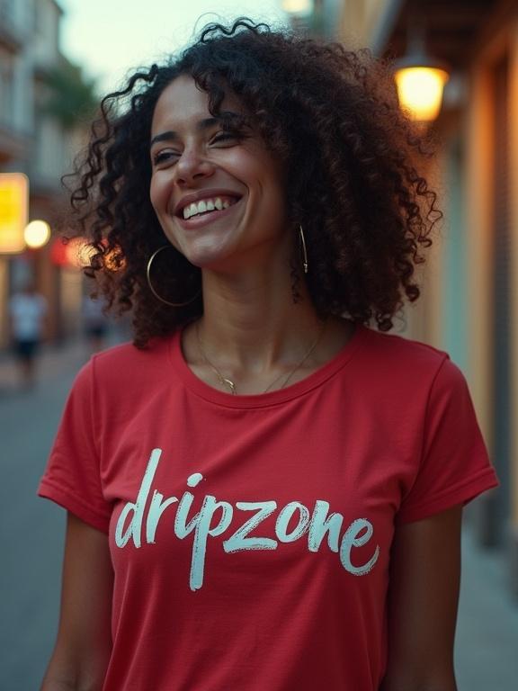 A woman smiling in a beautiful shirt with 'dripzone' written on it. The background shows a city setting.