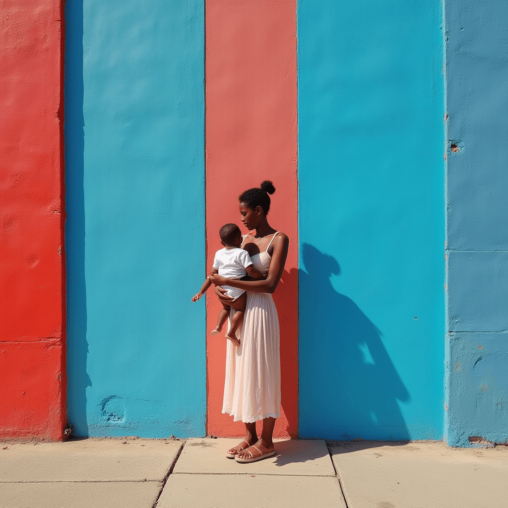 A woman holding a baby stands against a vibrant, multicolored wall.