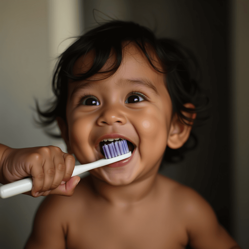 A smiling toddler excitedly holds a toothbrush.