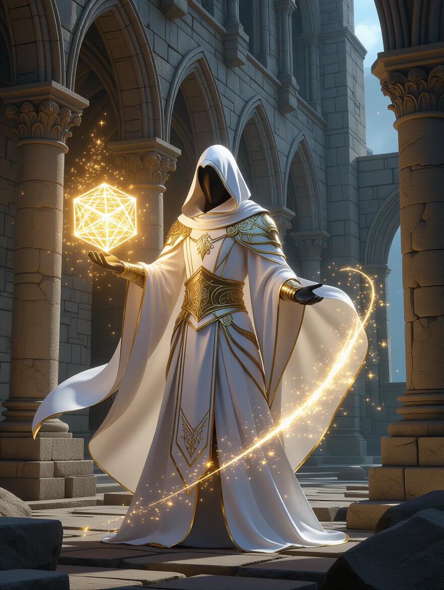 A hooded figure in white and gold robes stands in ancient ruins. The figure holds a glowing crystal cube, surrounded by golden magical energy. Gothic arches and columns frame the scene. The lighting contrasts warm golds with cool stone tones. Digital fantasy art with high detail.