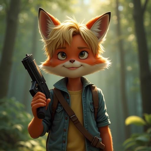 Blond haired boy around 10 years with fox like face features in a dangerous forest. Holds percussion handgun and seems happy.
