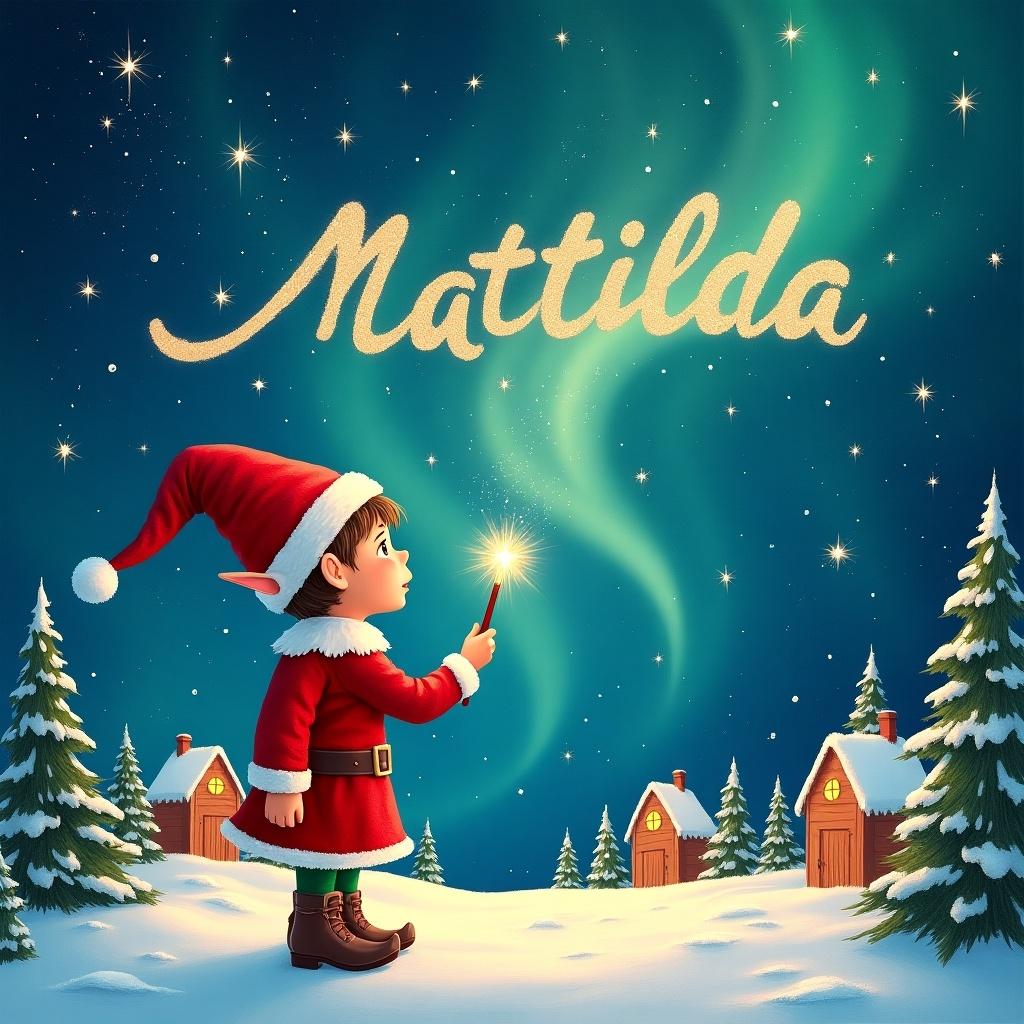 The image features a young elf gazing at a magical sky. Dressed in a festive red outfit with a pointed hat, the elf holds a sparkling wand. With this wand, the elf writes the name 'Matilda' in shimmering letters among the stars. The background showcases a snowy landscape with charming little houses and evergreen trees, all illuminated by the enchanting Northern Lights. This whimsical scene captures the essence of childhood magic and Christmas cheer, as the elf thoughtfully adds the names 'Natasha' and 'Ada' in the same starry sky, enhancing the magical atmosphere.