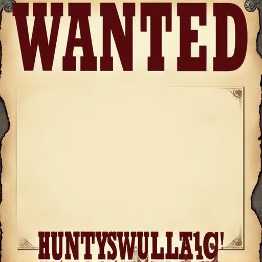 Create a vintage-style wanted poster with the text 'WANTED' at the top. Leave space for details in the center and include 'HUNTYSWULLA1G' at the bottom. Add a decorative border for a classic look.