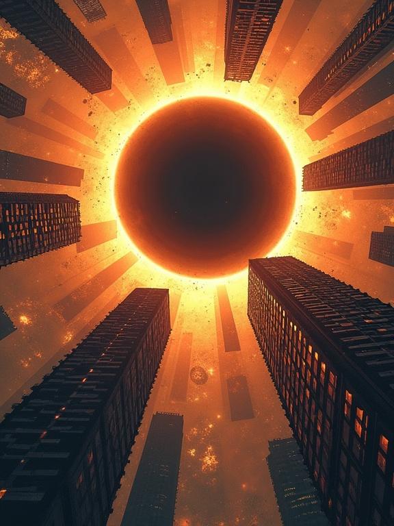 Worm's eye view looking up toward a black hole sun in the sky. City skyscrapers surrounding the scene create a towering effect. The image has a fisheye distortion with a dramatic orange and black color palette. The black hole sun radiates bright orange rays, enhancing the cosmic feel of the artwork. The skyline reflects a high-tech urban setting with dark buildings.