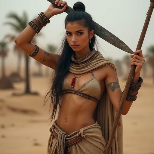 An athletic young woman posing in a dynamic combat stance. She has sharp features and long dark hair in an updo. Dressed in tattered ancient Egyptian militia attire. Holding a makeshift sword and a spear. Displaying traditional tattoos. Background features an ancient battlefield. Overcast lighting highlights her physique and tattoos.