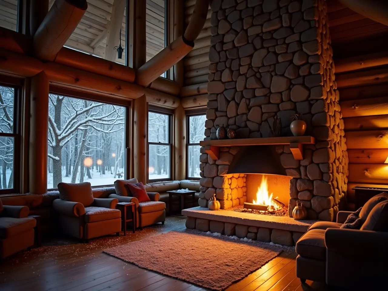 The image depicts a cozy fireplace inside a rustic cabin. The stone chimney is tall, and the warm glow of the fire illuminates the surroundings. Large wooden beams support the ceiling while snow gently falls outside the window. The floor is slightly covered in scattered bits of snow, hinting at the winter wonderland outside. You can see comfortable seating arranged near the fireplace, inviting people to relax and enjoy the warmth. The ambiance is peaceful and inviting, making it a perfect place to unwind during a cold winter’s day. The scene captures a moment of tranquility and comfort.