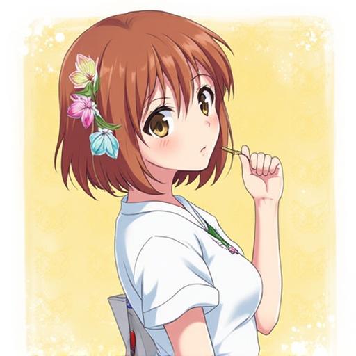 Character Riko Sakurauchi. She has short brown hair and floral accessories. Wearing a school uniform with a gentle expression. Holding a pencil in hand.