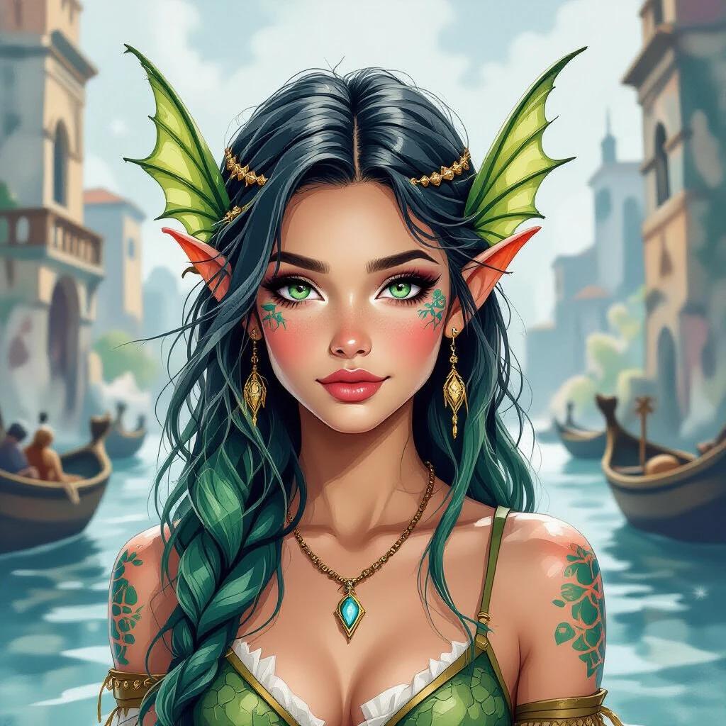 Young Triton female, fantasy creature, with sharp finned ears and green-blue scaled skin. Background features harsh ancient Grecian fantasy port city. The character wears ancient Greek fantasy clothing. She has long, slick-backed green-blue hair and various fish scales on her cheeks and arms. Amphibian inhuman depiction.