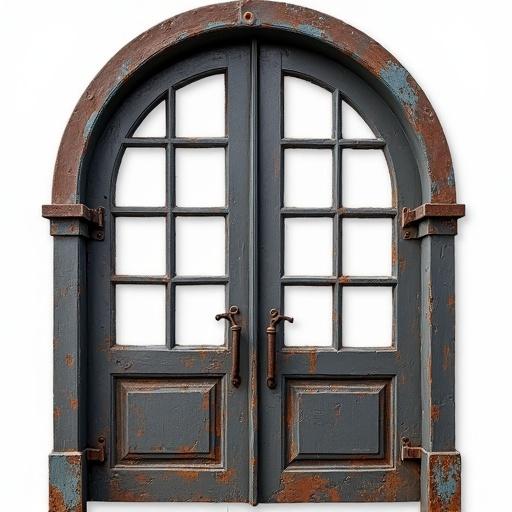 A double-panel arched window made of aged wood and weathered metal. The window is painted dark gray with peeling paint. Beneath, rusted metal and worn wood are visible. The arched tops are symmetrical and bordered by oxidized metal. Each panel has raised rectangular moldings, without glass. The finish shows scratches, dents, with an antique patina. Hinges and handles are simple and rusted. The design feels industrial and grand, resembling a salvaged piece. Isolated on a neutral background.