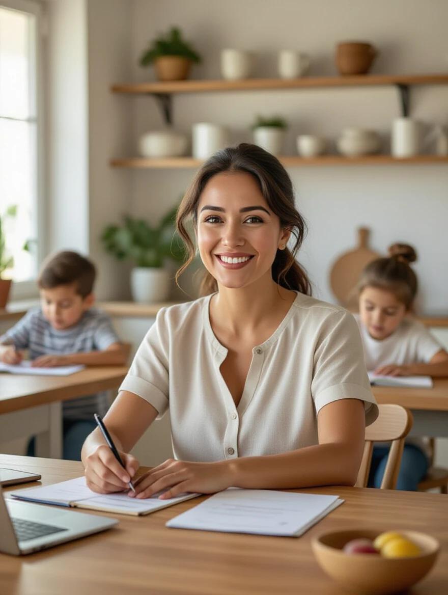 A woman is smiling while taking notes in her kitchen. She wears casual clothing. Two children are in the background, one drawing and one reading. The kitchen is well-lit with natural morning light, creating a warm atmosphere. The scene conveys focus and warmth.