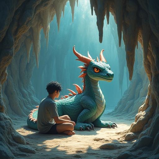 In a cavern with stalactites, soft light fills the air. A dragoness with anime traits rests in her nest. A man sits beside her, curiously watching.