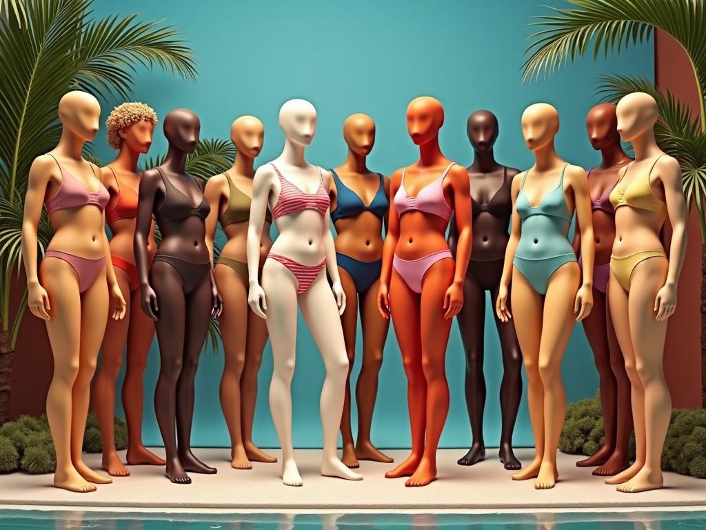 The image features a collection of mannequins representing diverse body types and ethnic backgrounds, all posed together in a vibrant poolside setting. Each mannequin wears stylish swimwear that showcases the latest designs from Speedo. The scenery is bright, with a turquoise backdrop and lush greenery, creating a summer vibe. The focus is on inclusivity and body positivity, reflecting a modern approach to fashion representation. This arrangement invites viewers to appreciate the beauty of diversity in fashion, particularly in swimwear.