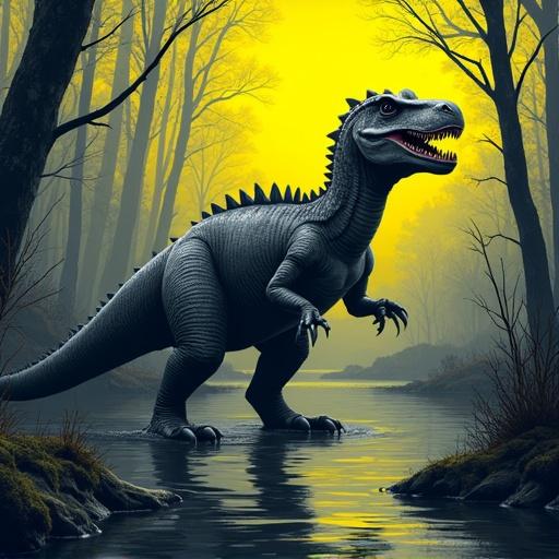 Dinosaur in a swamp. Alcosaur with spikes on back. Swamp background has trees and water. Neon graffiti art style with gray and yellow colors.
