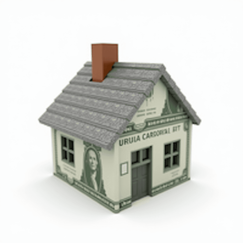 A small house crafted from banknotes, featuring a gray tile roof and a red chimney.