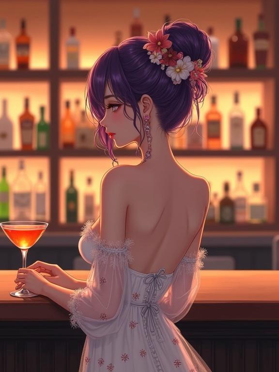 A beautiful East Asian woman stands at a stylish bar. She wears a white off-shoulder dress with floral patterns. Violet hair is styled in an elegant updo with flowers. She holds a cocktail glass. The background shows softly lit shelves with various alcohol bottles. The scene has a warm and inviting atmosphere. It is a digital painting with soft lighting and a romantic mood.