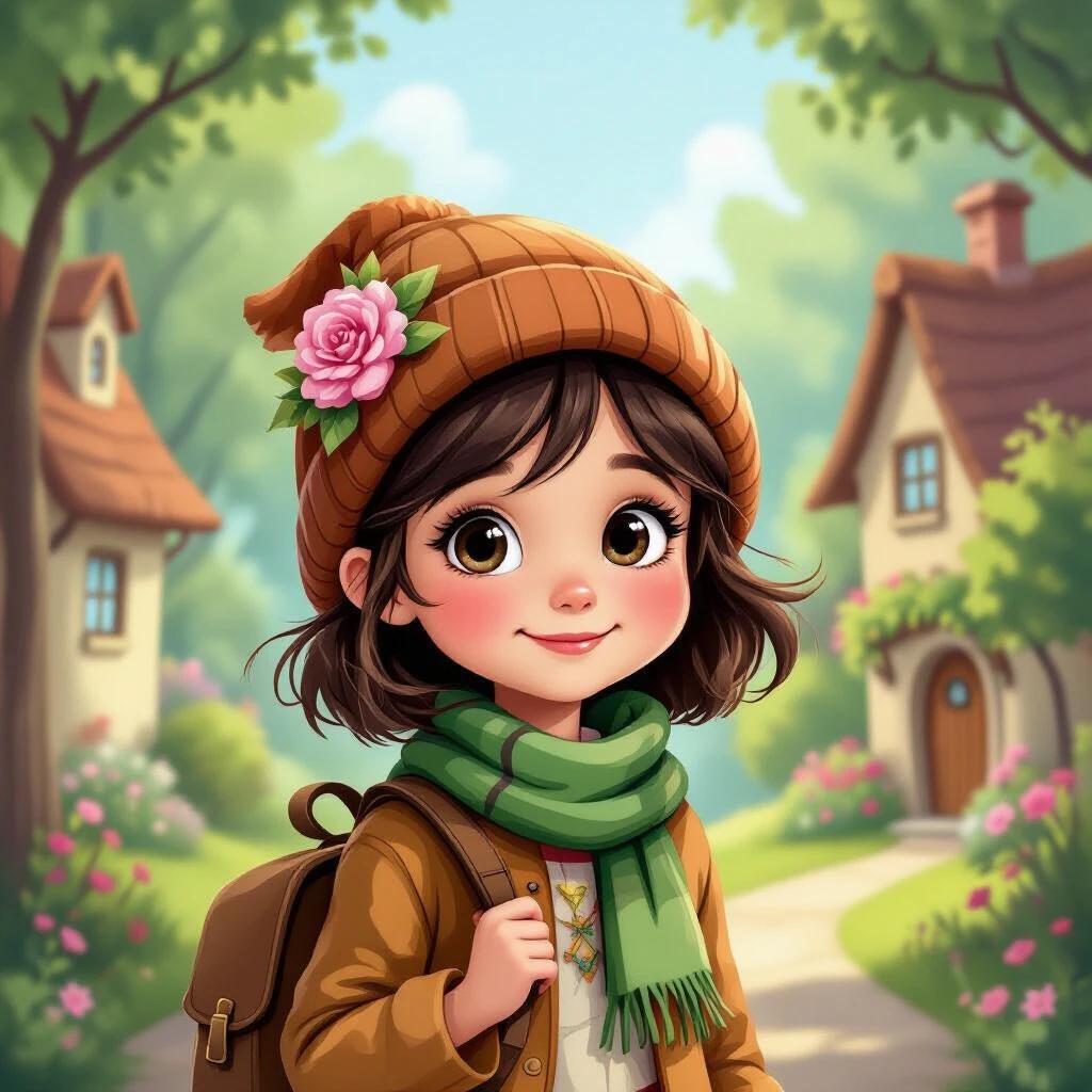 A 10-year-old girl with black hair wearing a brown hat with a pink rose and a green scarf stands smiling in front of an enchanted village. She is next to a suitcase filled with umbrellas. The scene has a fairytale atmosphere with golden light. Illustrative style suited for a children's book.