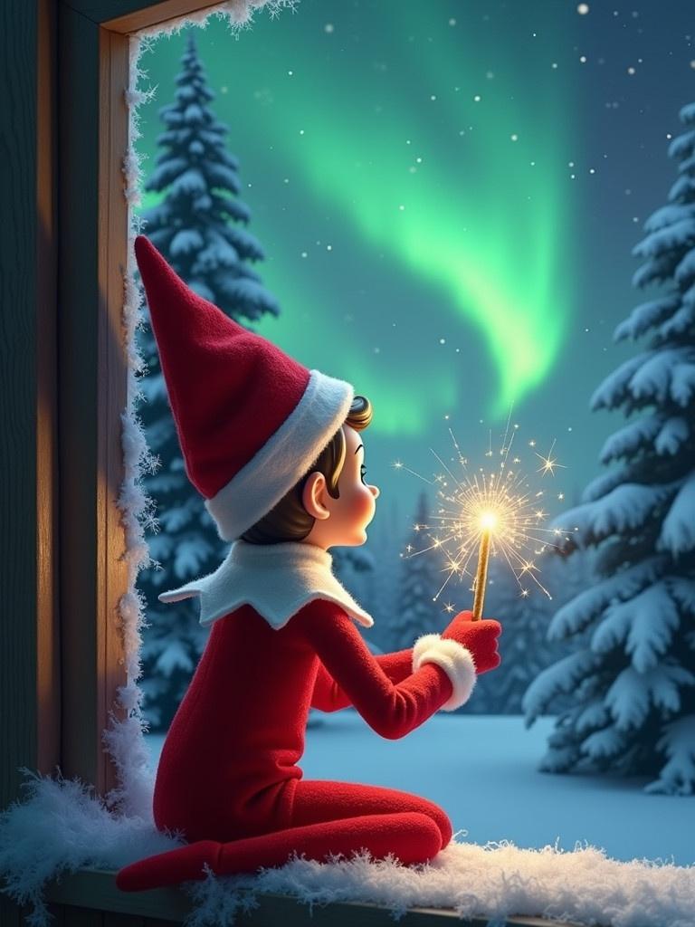 Elf on the shelf sits on a window ledge. She holds a magical wand. Twinkling sparks emit from the wand. Elf looks at the northern lights in the sky. Background features snow-covered pine trees. The scene evokes a festive holiday atmosphere. The elf wears a vibrant red outfit. Soft colors light up the winter wonderland. Elf embodies the spirit of Christmas. She conveys a sense of magic and wonder.