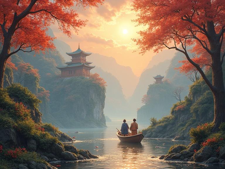 A serene landscape featuring a tranquil river surrounded by mountains and traditional architecture in autumn colors.