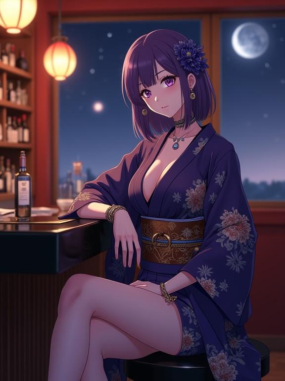 A vertical cinematic anime rendering shows a Japanese woman with semi-long violet bob hair seated on a bar stool. She has violet eyes. Her leg is crossed elegantly. The dark violet kimono has a bold floral pattern in gold and silver. She wears a choker necklace with dangling elements and elaborate earrings. Her hair features a small dark blue flower. The bar has wooden shelves filled with liquor bottles and small chandeliers casting a soft glow. A window reveals a clear moonlit night sky with stars, enhancing the serene atmosphere.