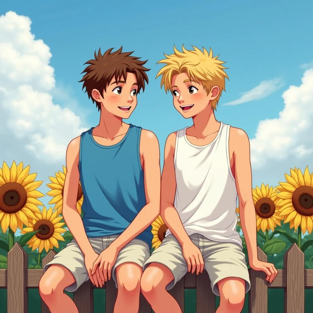 Two boys sit on a picket fence against a sunflower field. One boy has brown hair and wears a blue tank top. The other has blonde hair and wears a white tank top. They both wear light shorts and have a friendly demeanor. The background features a clear blue sky with fluffy white clouds.
